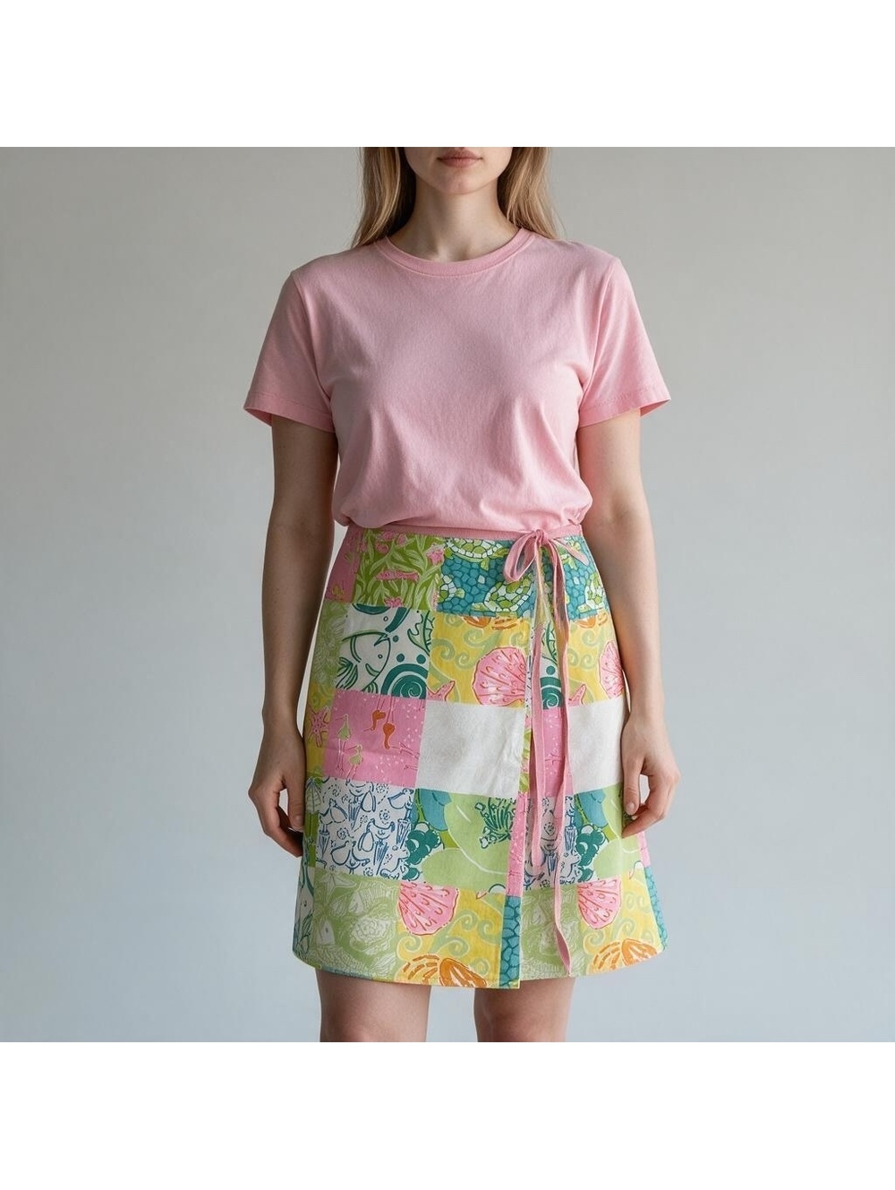 Lilly Pulitzer Delia Sunrise Pink Green Reversible Patchwork Wrap Skirt 14 NWT